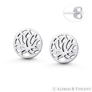 Lotus Flower Buddhist Charm Stud Earrings in Oxidized .925 Sterling Silver